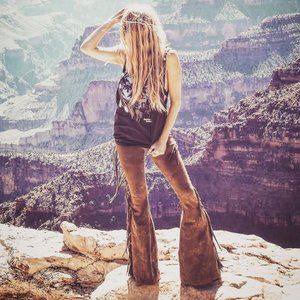 LONG LENGTH High Waisted Fringe Bell Bottoms in GOLDEN BROWN TIE DYE Boho Hippie